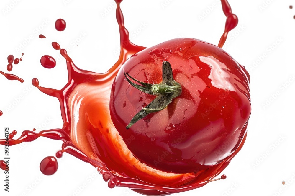 Poster a fresh tomato with a small amount of red paint splashed on it, ideal for use in food, design or art