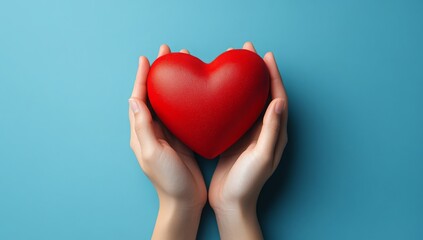 Obraz premium hands hold a red heart on a blue background. 