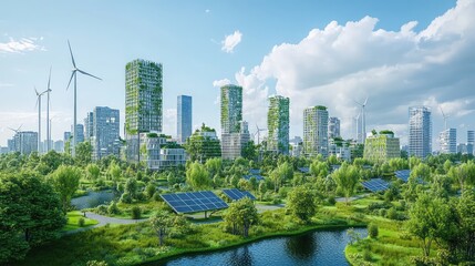 Fototapeta premium A zero-carbon city filled with symbols of health and sustainability. Solar-powered buildings, wind turbines.
