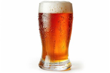 A glass filled with beer and small water droplets