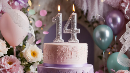 Fototapeta premium Delicious festive cake with candle number 14