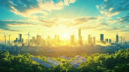 A zero-carbon city filled with symbols of health and sustainability. Solar-powered buildings, wind turbines.