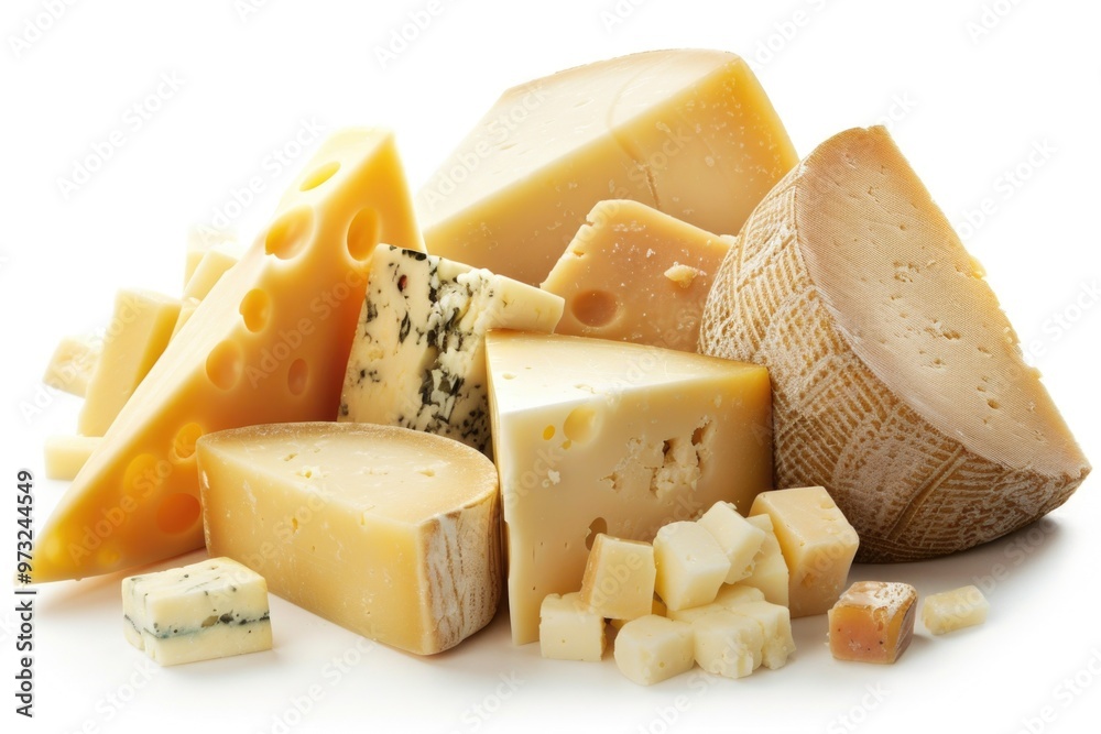 Poster a selection of cheeses displayed on a white background