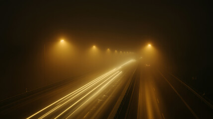 Obraz premium Thick fog blanketed the highway, making it hard to see at night.