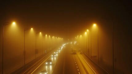 Thick fog blanketed the highway, making it hard to see at night.