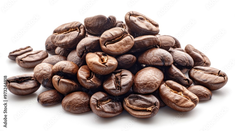 Poster a close-up shot of a pile of coffee beans on a white surface, great for use in food or coffee-relate