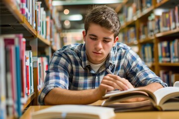 A person sitting at a table in a quiet library, deeply engaged in a book