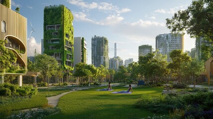 Obraz premium A zero-carbon cityscape featuring a park with wellness icons like yoga areas and outdoor gyms.
