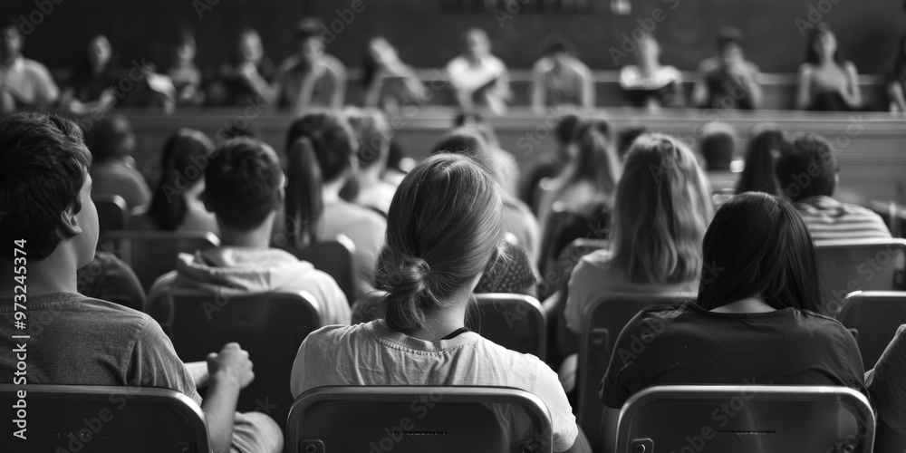 Poster Students gathered in front of a lecture hall, preparing for a class