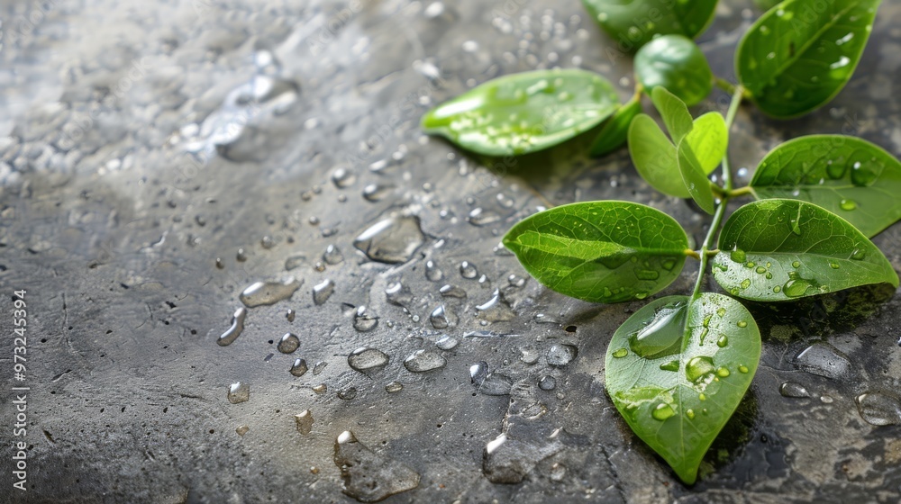 Poster clear gel texture on a smooth stone surface with greenery close-up photo with clean background