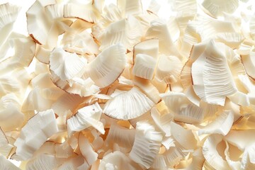 Close-up of a collection of white seashells, suitable for beach or coastal themed designs