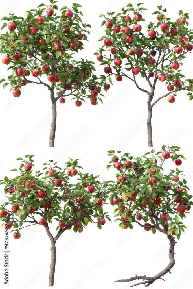 Poster four different views of a tree with apples, useful for food or nature themes