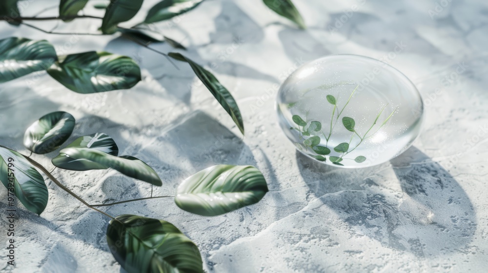 Poster clear gel texture on a smooth stone surface with greenery close-up photo with clean background