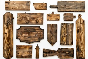 Naklejka premium A set of wooden signs hanging on a wall, with various messages and designs