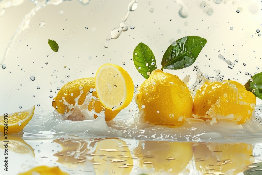 Poster A bunch of lemons fall from above into the calm water, creating a refreshing splash