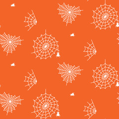 Spider web seamless pattern background. Halloween spiders net decor template for paper and cards orange and white.