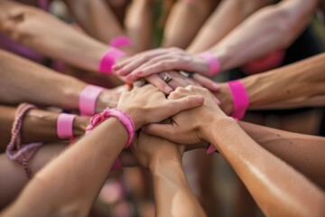 Fototapeta premium United Hands in Solidarity: Pink Wristbands for Breast Cancer Awareness Fundraiser