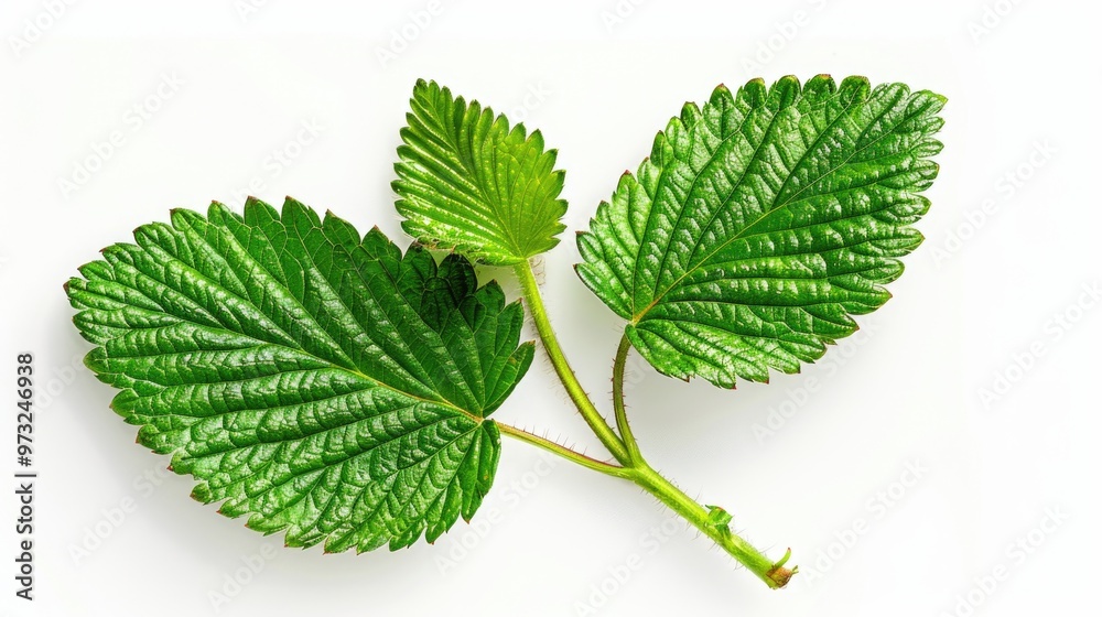 Poster a close-up shot of two green leaves on a white surface, suitable for use in nature-inspired designs 
