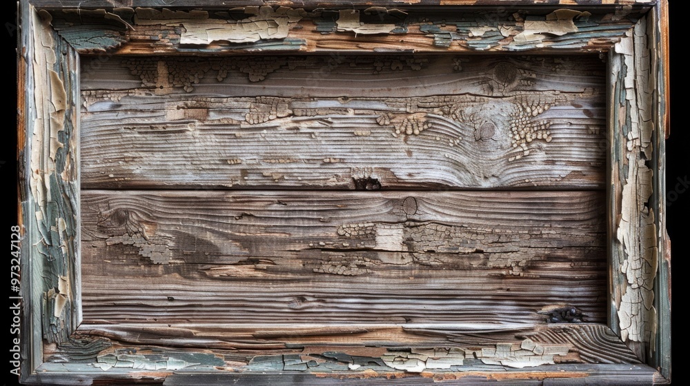 Poster close-up shot of wooden surface with peeling paint, suitable for use in decorative or design context