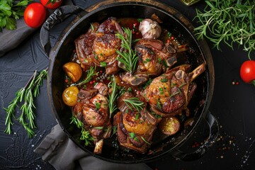 Homemade Beef Meatballs in Rich Brown Sauce Cast Iron Skillet Comfort Food Hearty Dinner Meal Traditional Rustic Cooking