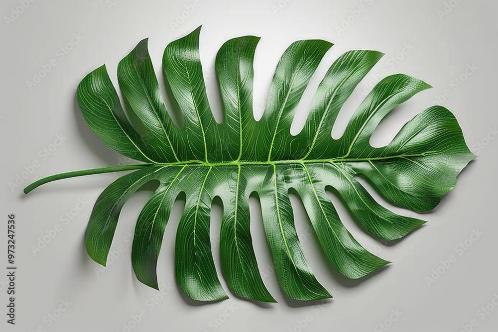 Poster a single large green leaf sits on a white surface, ideal for use in nature-themed designs or as a sy