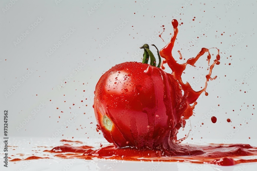 Poster a fresh tomato with a small amount of red paint splattered on its surface
