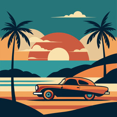 A retro-style illustration of a classic car driving on a beach at sunset, with palm trees and a bright orange sky. Perfect for vintage car lovers, summer vibes, and travel memories.