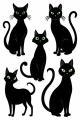 Set of five black cats with green eyes, perfect for Halloween or any feline-themed project. These cute and spooky silhouettes are ideal for decorations, invitations.