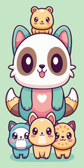 A cute and colorful illustration of a group of adorable cartoon animals, perfect for adding a touch of whimsy to your designs. This playful graphic features a panda, a hamster, a cat, and a dog.