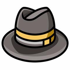 A classic fedora hat illustration, perfect for adding a touch of vintage style to your designs. This vector graphic features a detailed design with a grey felt hat, a yellow band.
