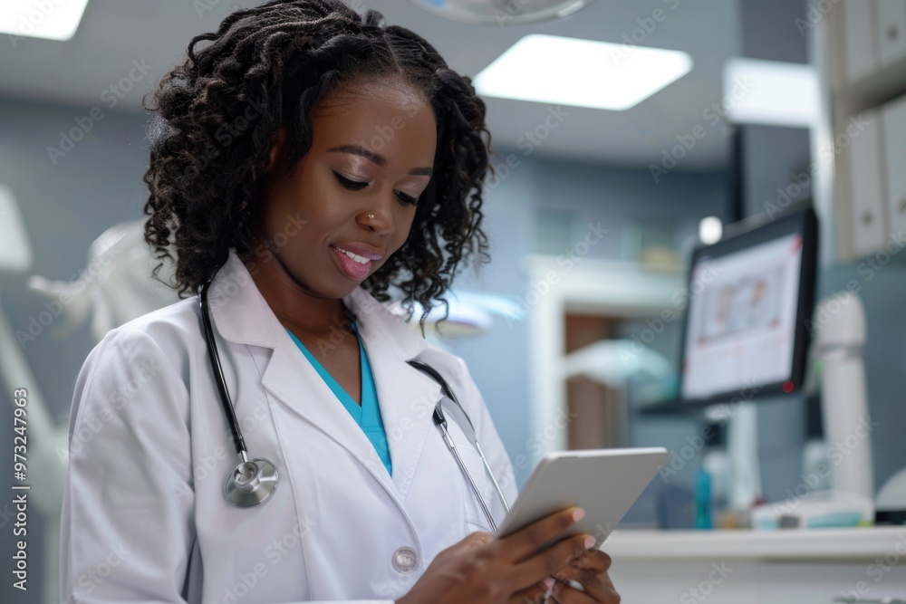 Poster A woman in a lab coat uses a tablet computer, suitable for science and technology-related concepts