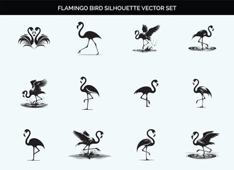 Black Silhouette of Flamingo Bird - Editable Vector on Transparent Background