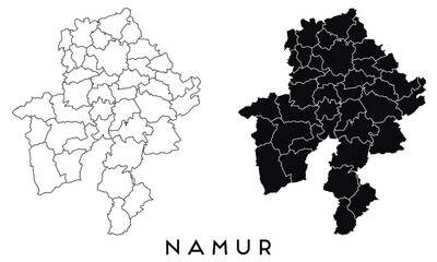 Namur map of regions districts vector black on white and outline