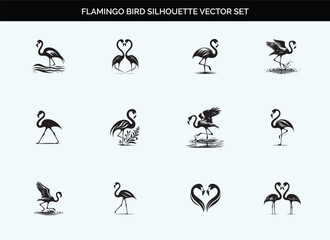 Black Silhouette of Flamingo Bird - Editable Vector on Transparent Background