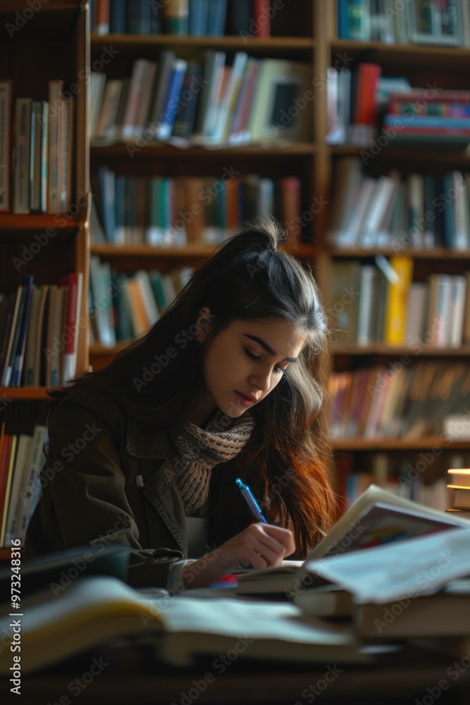 Poster a person reading and learning from a collection of books, great for educational or personal use