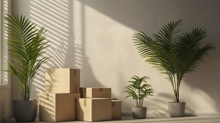 Fototapeta premium Cardboard moving boxes and potted palm plants stand in an empty room with warm sunlight casting blind shadows on the wall.