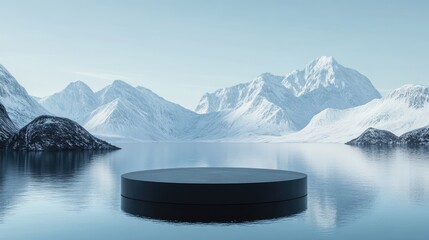 A futuristic black podium resting on still water with snowy mountains towering in the background.