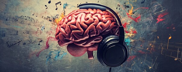 Human brain listening music with headphones and musical notes around