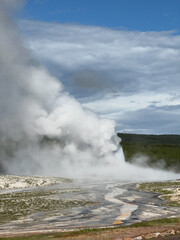 The eruption of Old Faithful in Yellowstone National Park spews steam hundreds of feet into the air