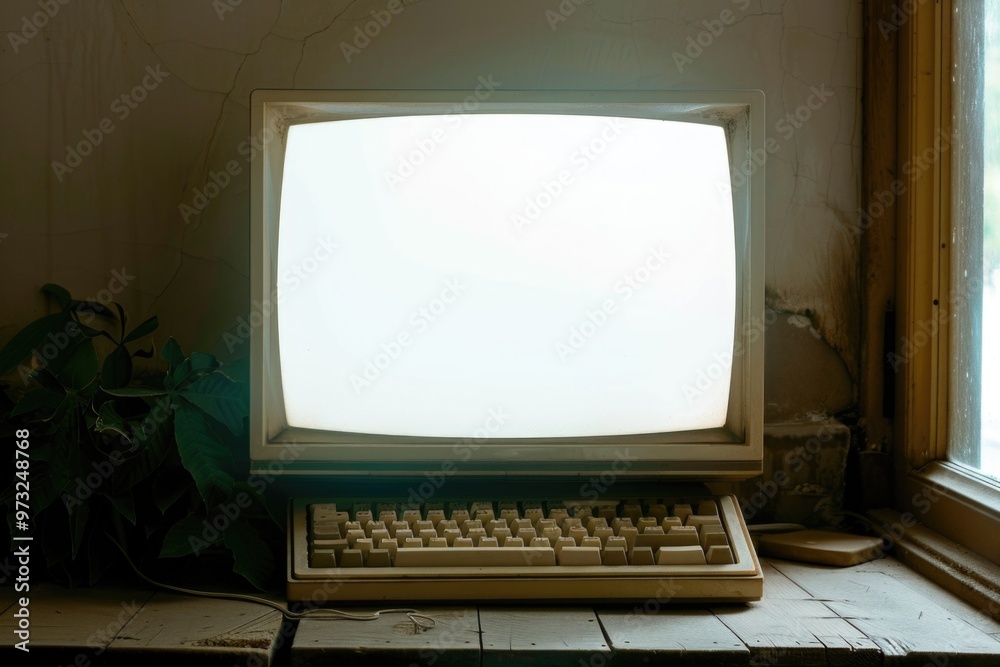 Poster A computer sits on a wooden desk next to a window, providing a comfortable work space