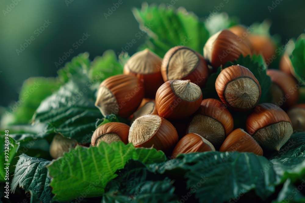 Poster a collection of nuts and leaves on a wooden table, ideal for a rustic or natural-themed setting