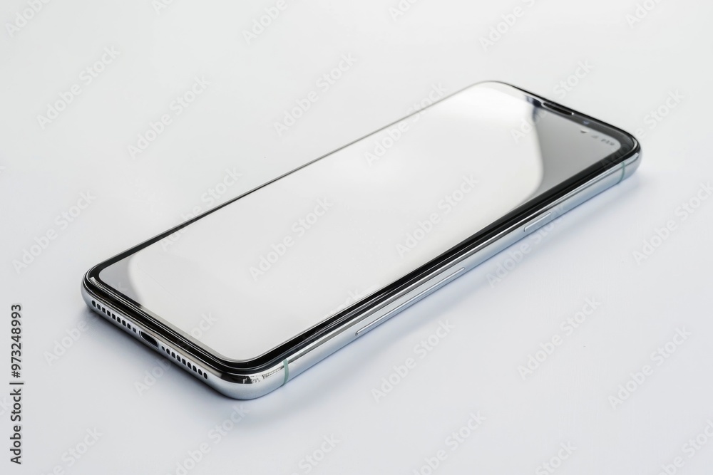 Poster A close-up view of a cell phone lying on a table, showing its screen and buttons