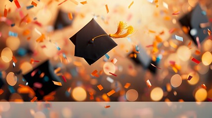 Black graduation cap with gold tassel falling through the air with confetti.