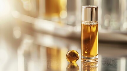 Naklejka premium Collagen serum vial with golden liquid and ball on glossy surface Close-up photo with clean background