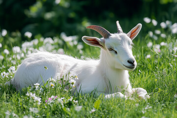 Obraz premium Peaceful Young Goat in Nature. A young white goat resting in a grassy field filled with flowers. Great for nature-themed designs or farm-related content.