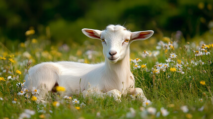Obraz premium Peaceful Goat in Flowering Meadow. A cute white goat lying in a grassy field full of flowers. Suitable for nature-themed designs and spring events.