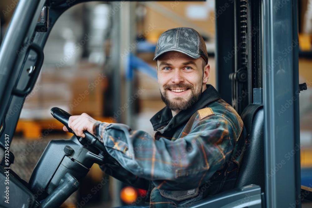 Poster Man operating a forklift in a warehouse setting