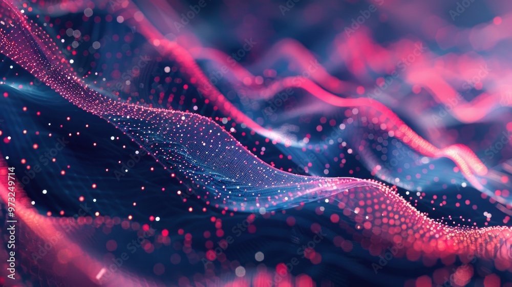 Poster a close-up shot of a wave of pink and blue lights, suitable for use in a futuristic or technological
