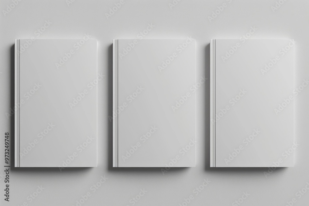 Poster a collection of three blank white books placed on a gray surface, ideal for use as placeholders or i