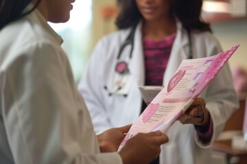 Healthcare Professional Discussing Breast Cancer Awareness Brochure in a Warmly Lit Clinic Office